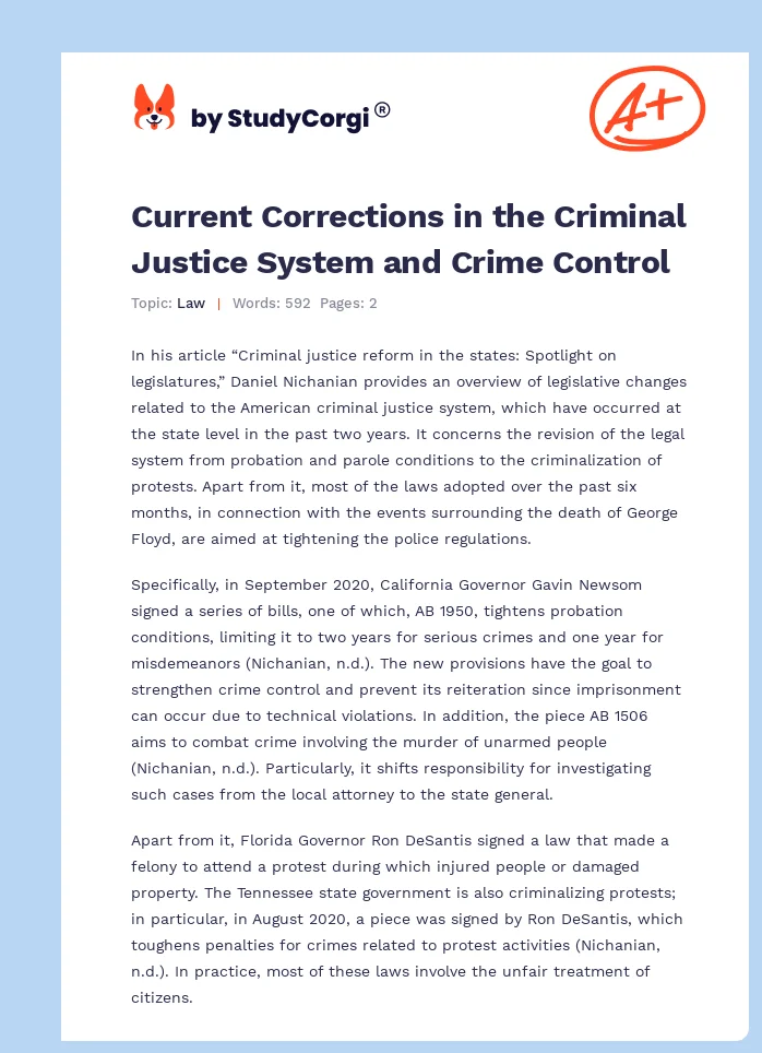 Current Corrections in the Criminal Justice System and Crime Control. Page 1