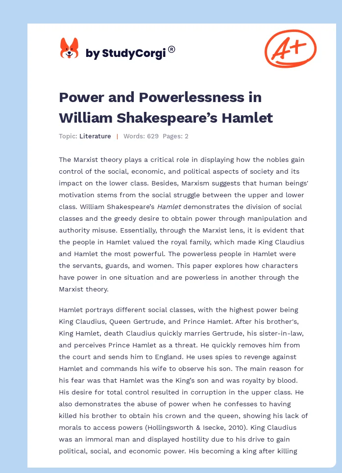 Power and Powerlessness in William Shakespeare’s Hamlet. Page 1