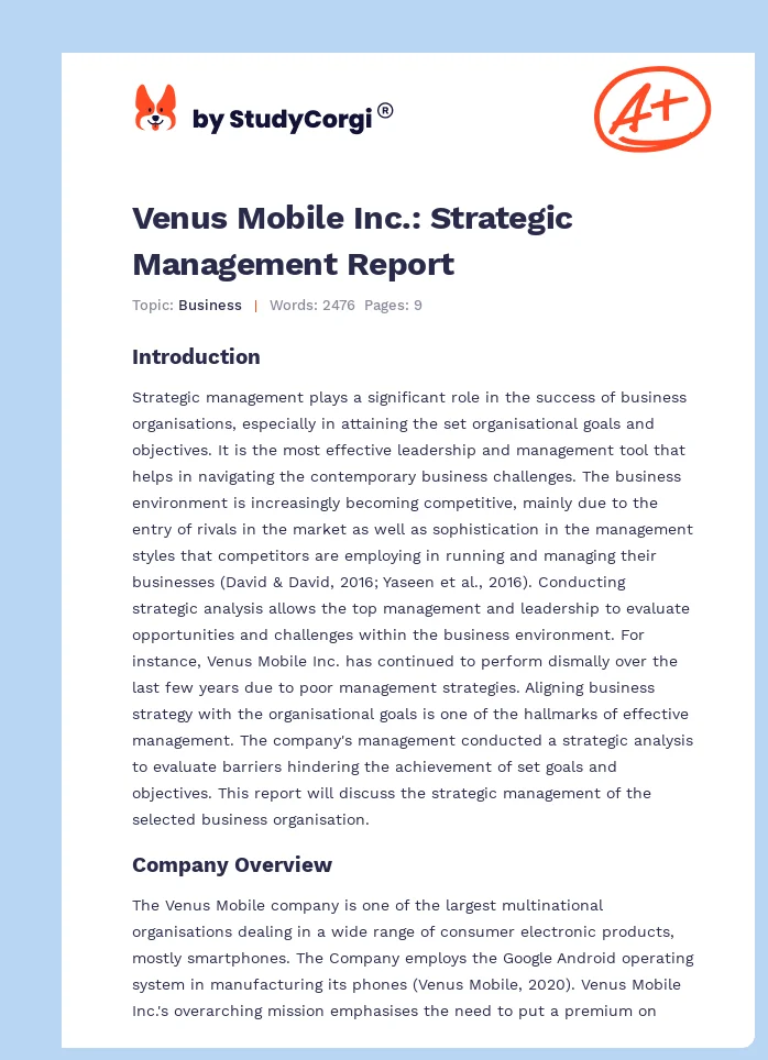 Venus Mobile Inc.: Strategic Management Report. Page 1