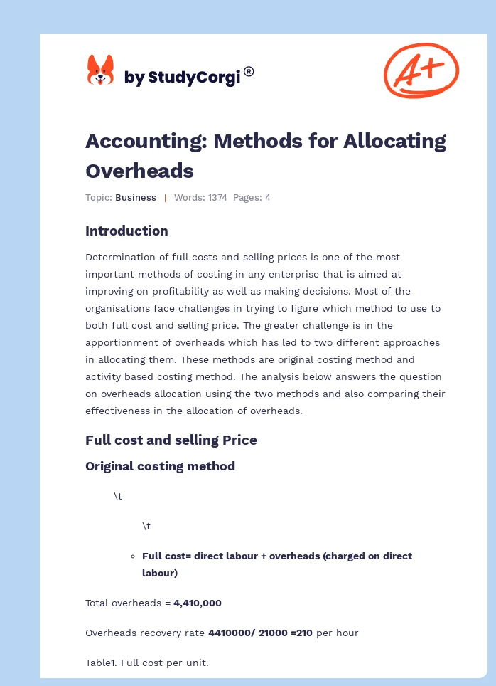 Accounting: Methods for Allocating Overheads. Page 1