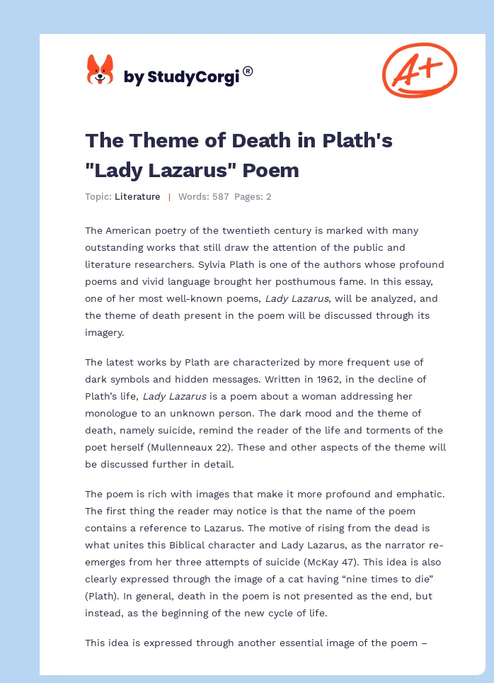The Theme of Death in Plath's "Lady Lazarus" Poem. Page 1