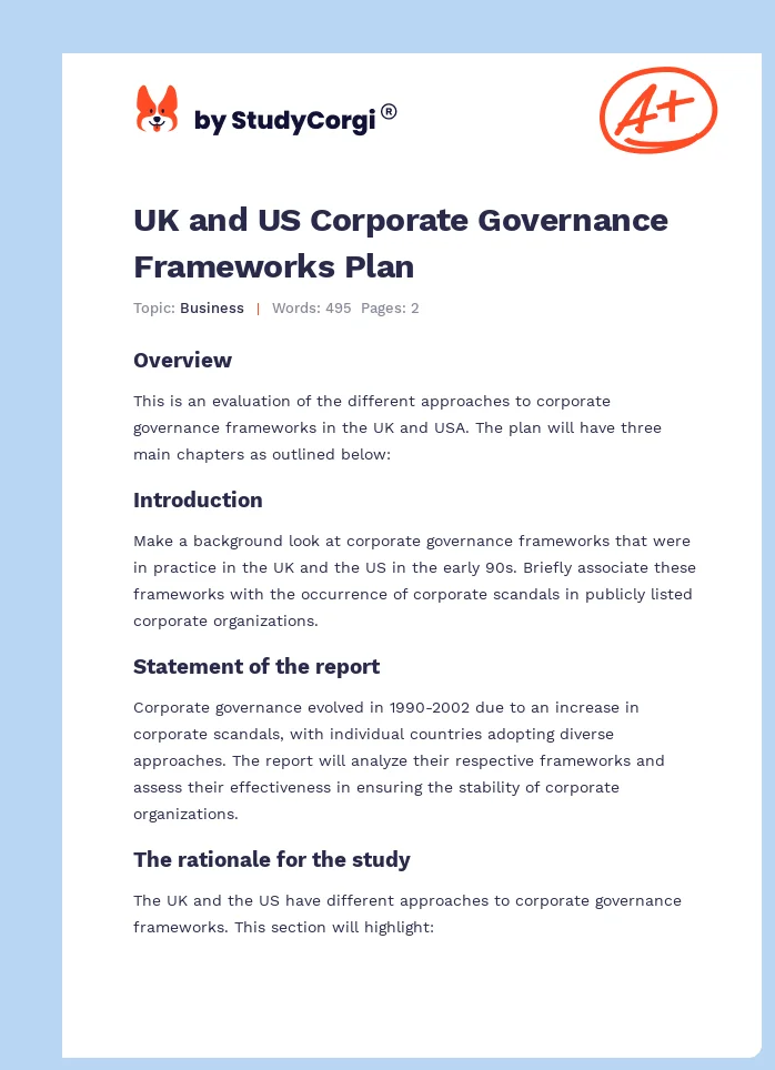 UK and US Corporate Governance Frameworks Plan. Page 1