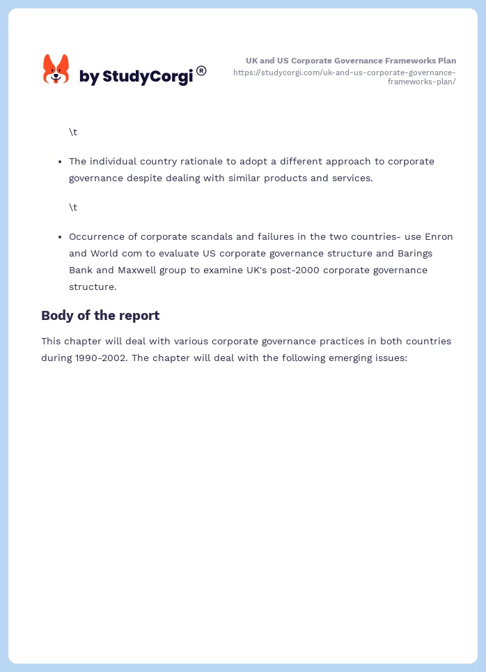 UK and US Corporate Governance Frameworks Plan. Page 2