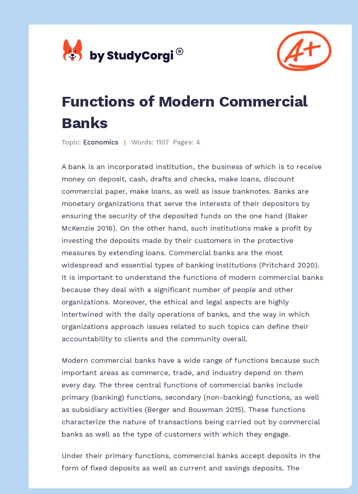 Functions of Modern Commercial Banks. Page 1