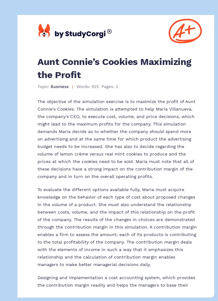 Aunt Connie’s Cookies Maximizing the Profit. Page 1