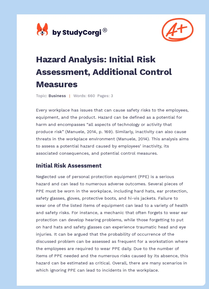 Hazard Analysis: Initial Risk Assessment, Additional Control Measures. Page 1