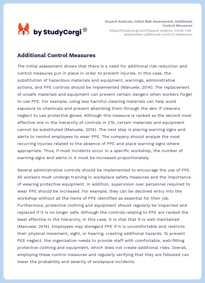 Hazard Analysis: Initial Risk Assessment, Additional Control Measures. Page 2
