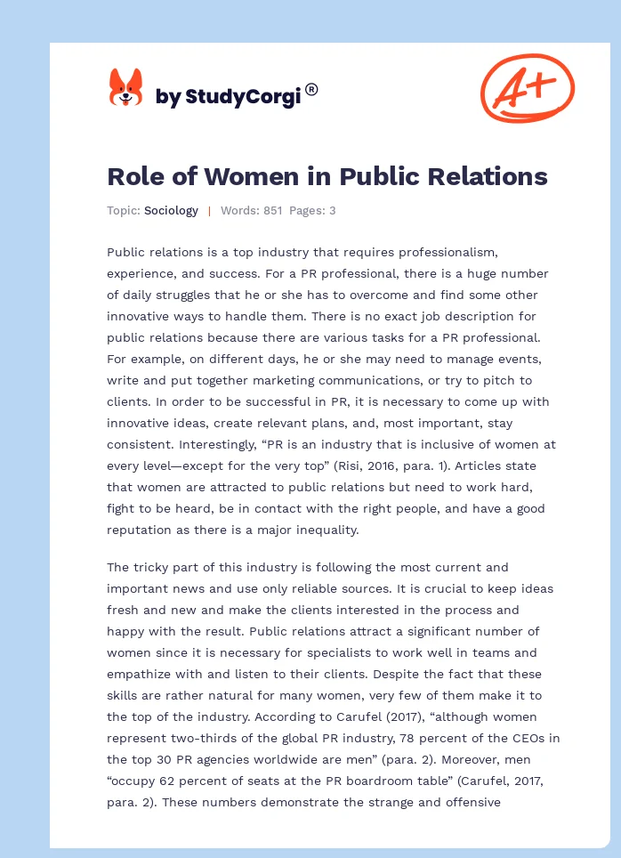 Role of Women in Public Relations. Page 1