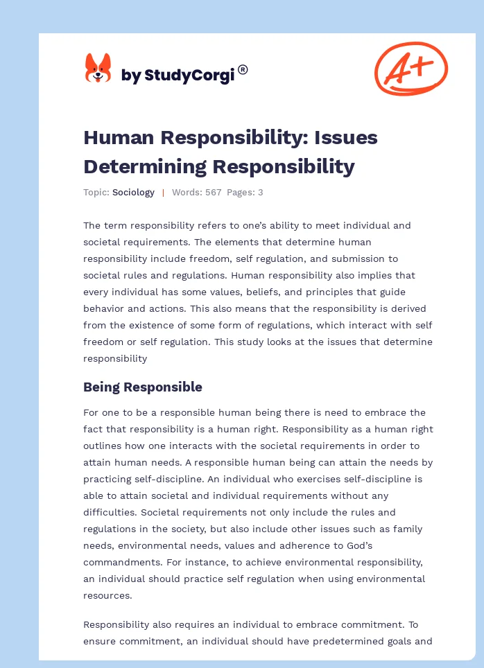 Human Responsibility: Issues Determining Responsibility. Page 1