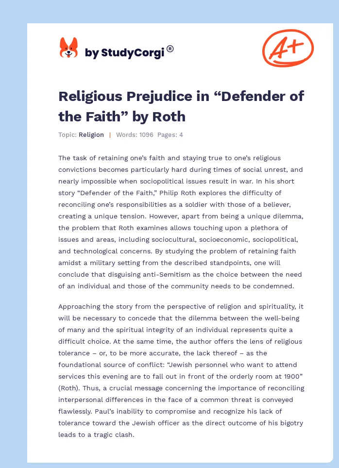 Religious Prejudice in “Defender of the Faith” by Roth. Page 1