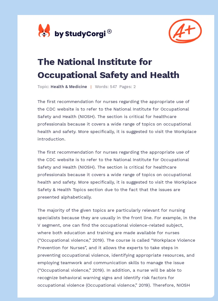 The National Institute for Occupational Safety and Health. Page 1