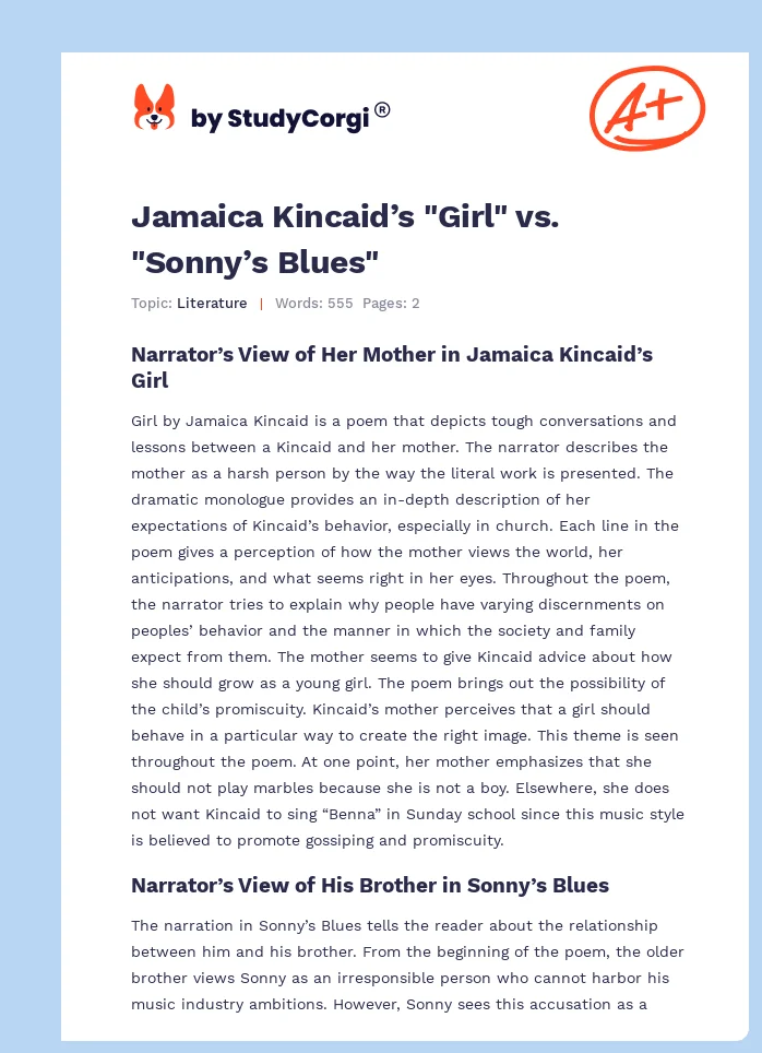 Jamaica Kincaid’s "Girl" vs. "Sonny’s Blues". Page 1