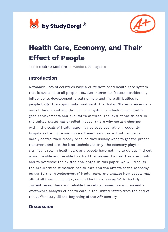 Health Care, Economy, and Their Effect of People. Page 1