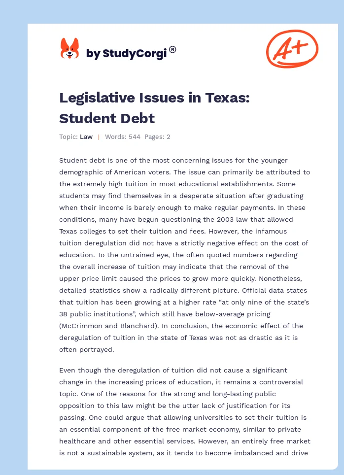 Legislative Issues in Texas: Student Debt. Page 1