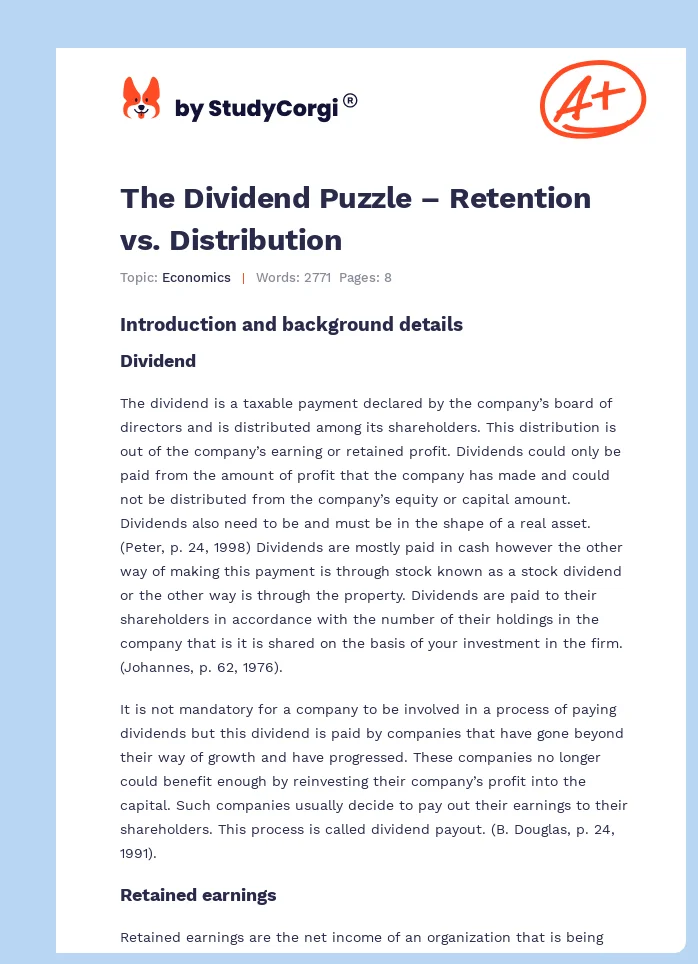 The Dividend Puzzle – Retention vs. Distribution. Page 1