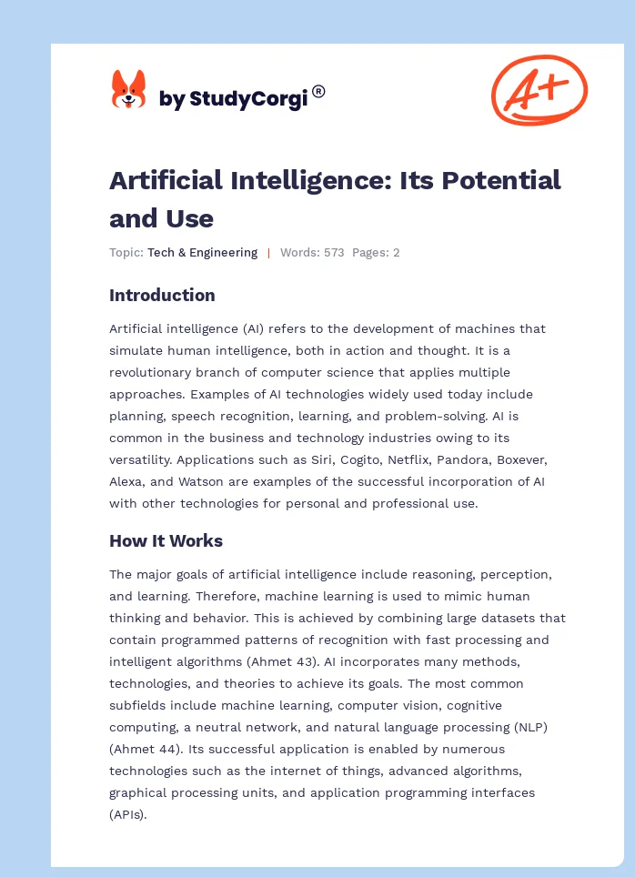 Artificial Intelligence: Its Potential and Use. Page 1