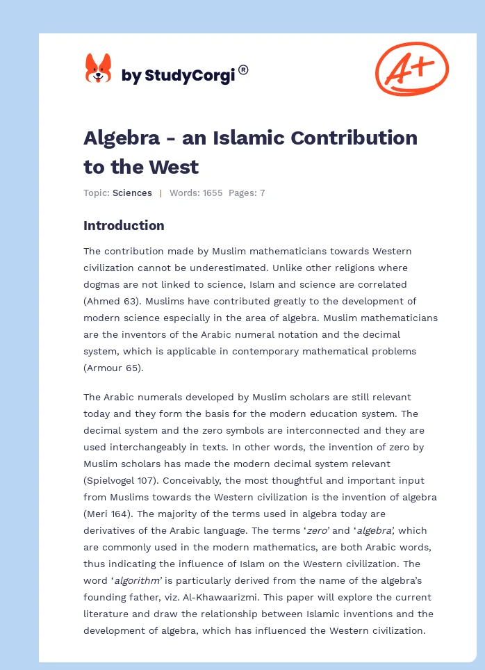 Algebra - an Islamic Contribution to the West. Page 1