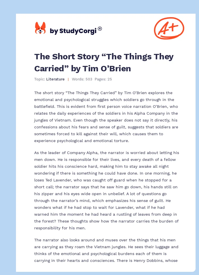 The Short Story “The Things They Carried” by Tim O’Brien. Page 1