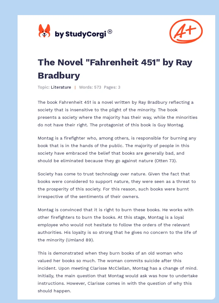 The Novel "Fahrenheit 451" by Ray Bradbury. Page 1