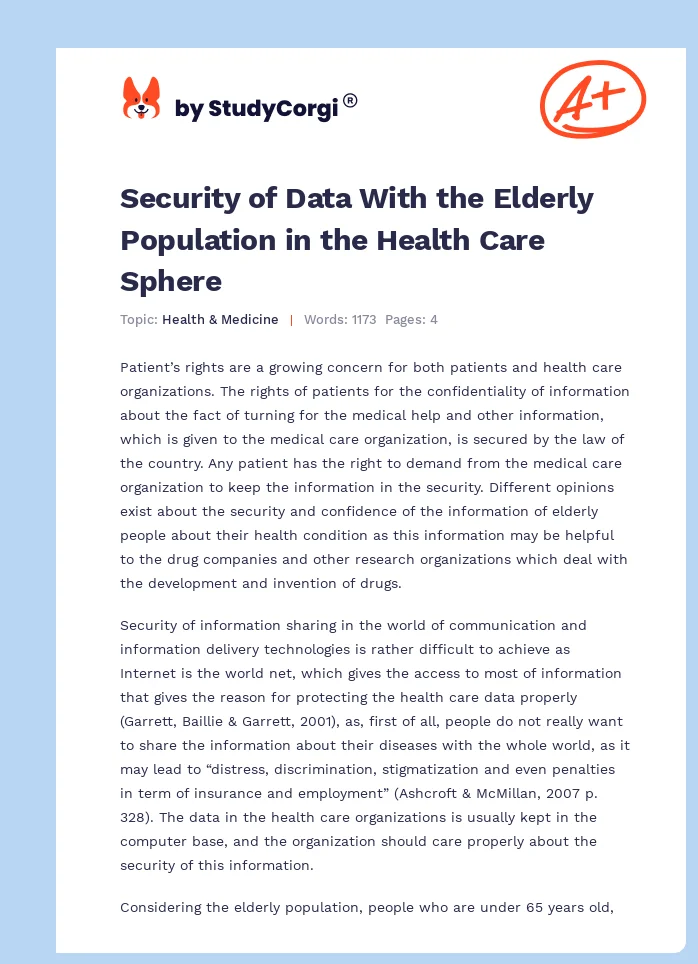 Security of Data With the Elderly Population in the Health Care Sphere. Page 1