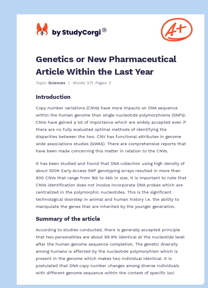Genetics or New Pharmaceutical Article Within the Last Year. Page 1