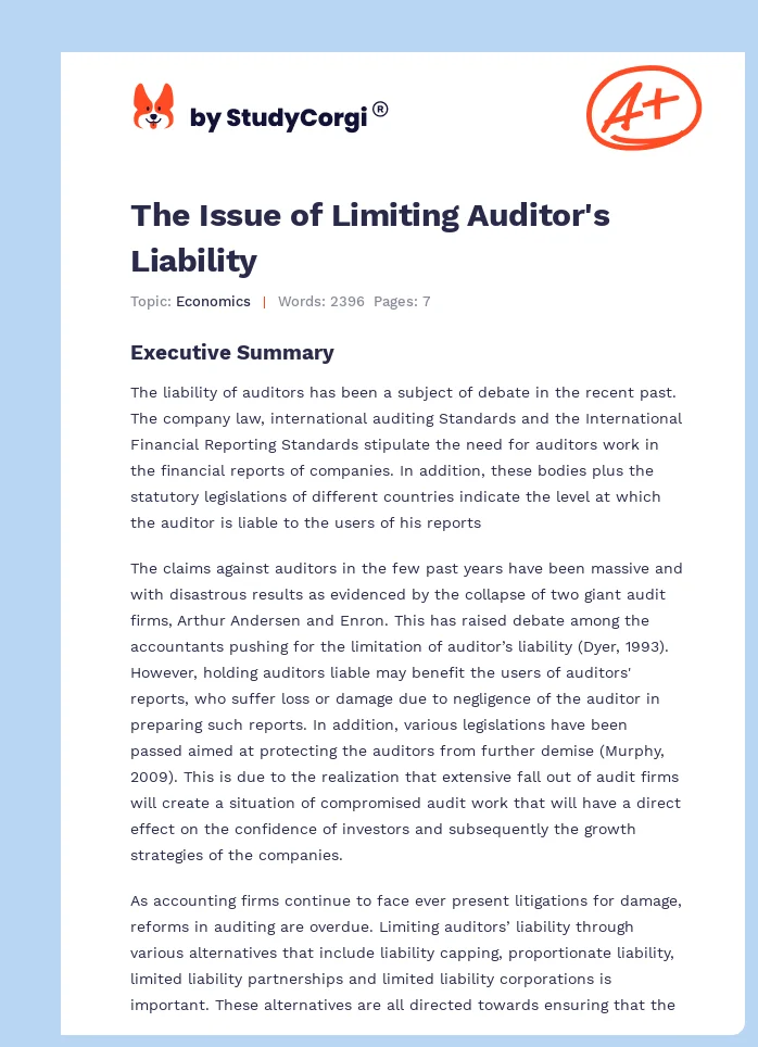 The Issue of Limiting Auditor's Liability. Page 1