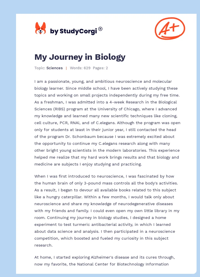 My Journey in Biology. Page 1