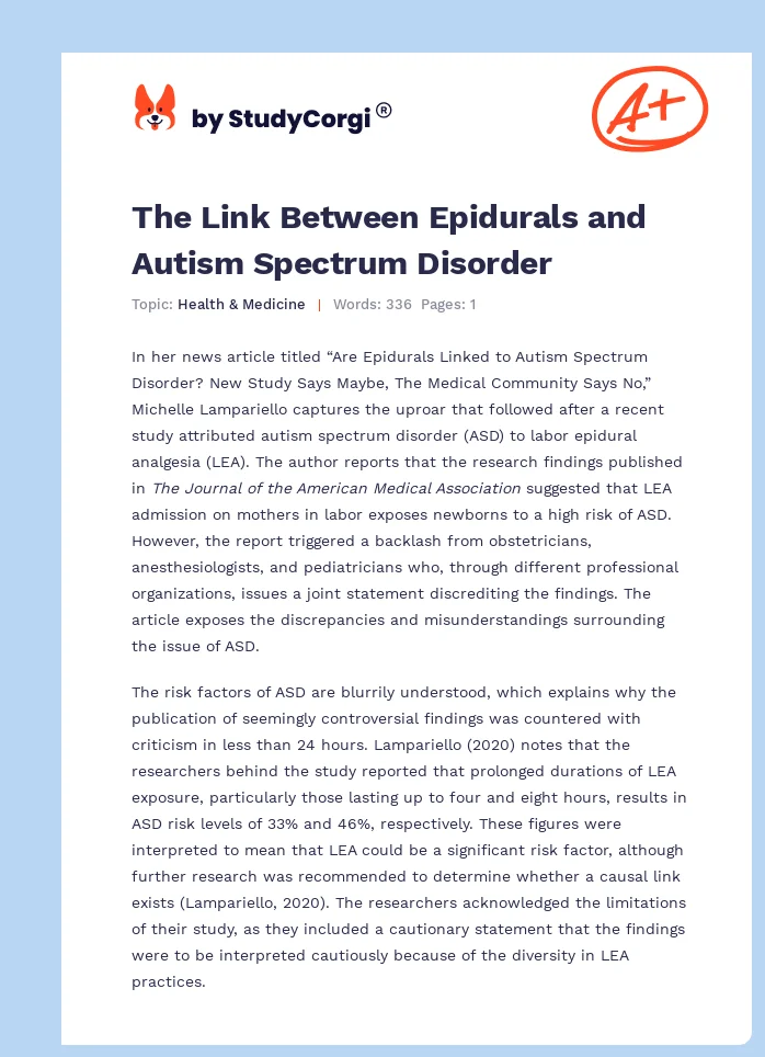 The Link Between Epidurals and Autism Spectrum Disorder. Page 1