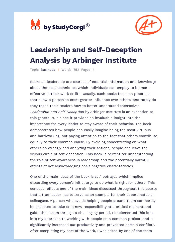 Leadership and Self-Deception Analysis by Arbinger Institute. Page 1