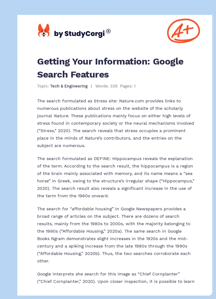 Getting Your Information: Google Search Features. Page 1