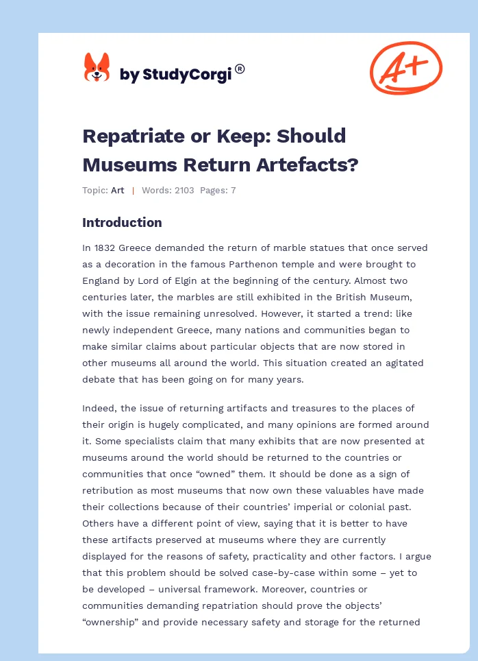 Repatriate or Keep: Should Museums Return Artefacts?. Page 1