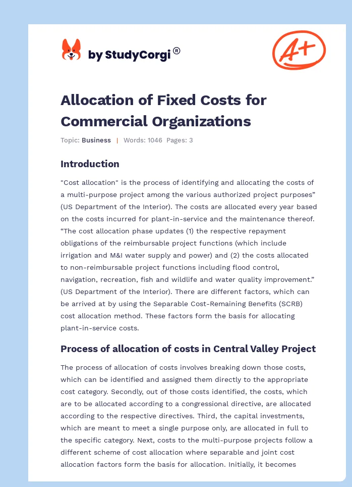 Allocation of Fixed Costs for Commercial Organizations. Page 1