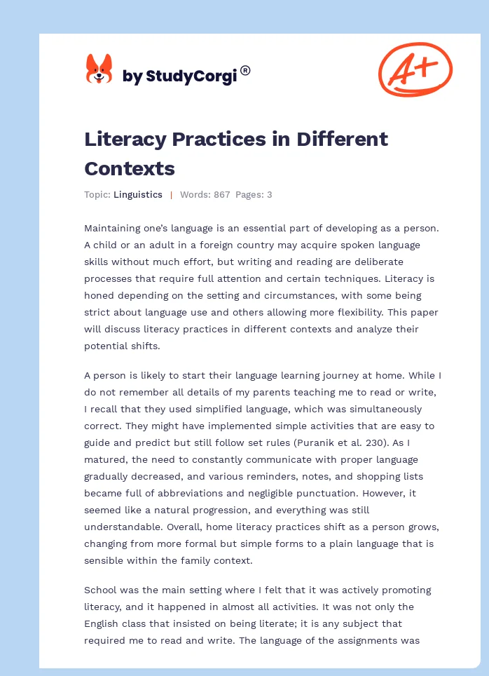 Literacy Practices in Different Contexts. Page 1