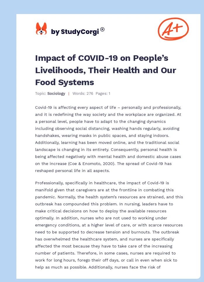 Impact of COVID-19 on People’s Livelihoods, Their Health and Our Food Systems. Page 1