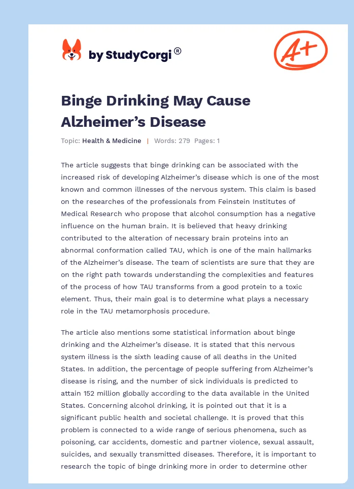 Binge Drinking May Cause Alzheimer’s Disease. Page 1