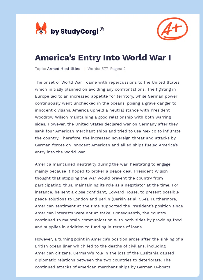America’s Entry Into World War I. Page 1