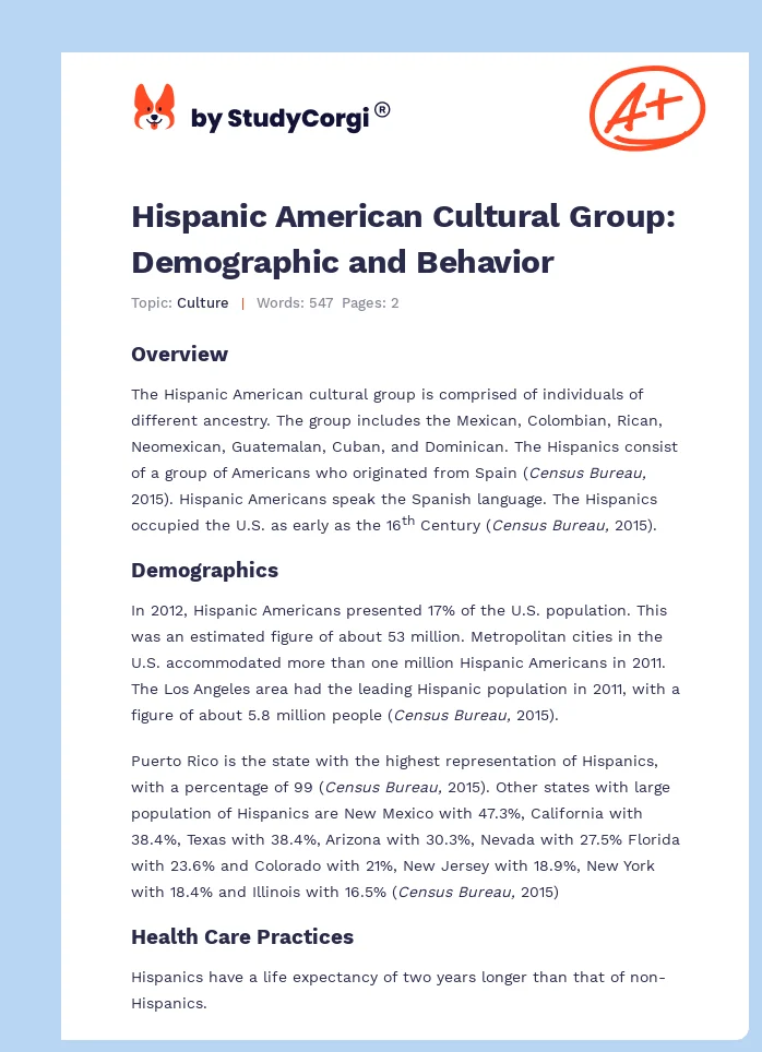 Hispanic American Cultural Group: Demographic and Behavior. Page 1