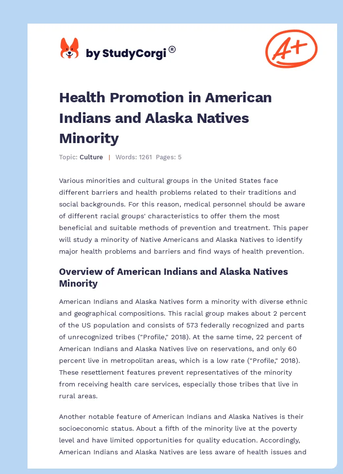 Health Promotion in American Indians and Alaska Natives Minority. Page 1