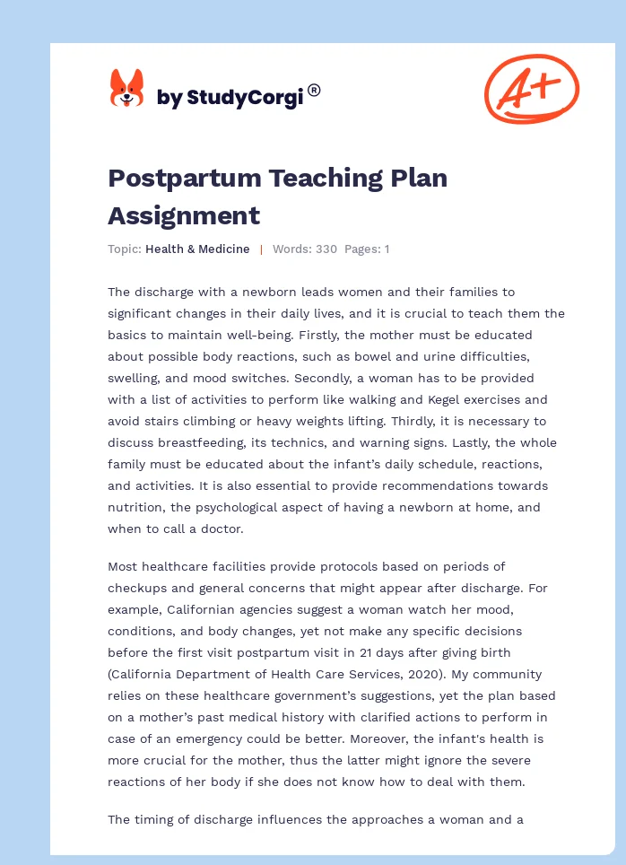 Postpartum Teaching Plan Assignment. Page 1