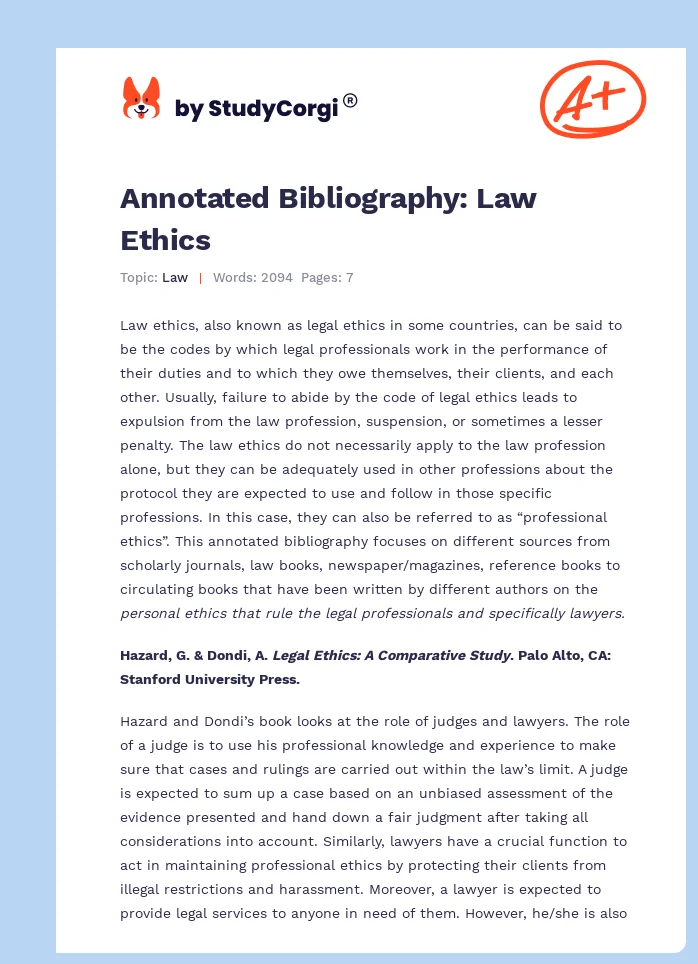 Annotated Bibliography: Law Ethics. Page 1