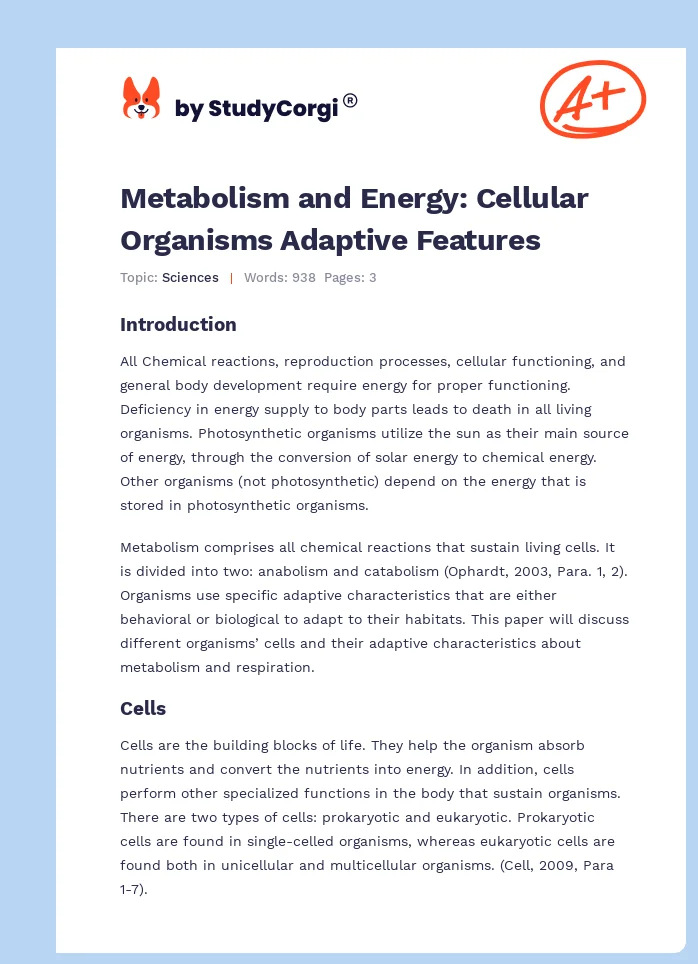Metabolism and Energy: Cellular Organisms Adaptive Features. Page 1