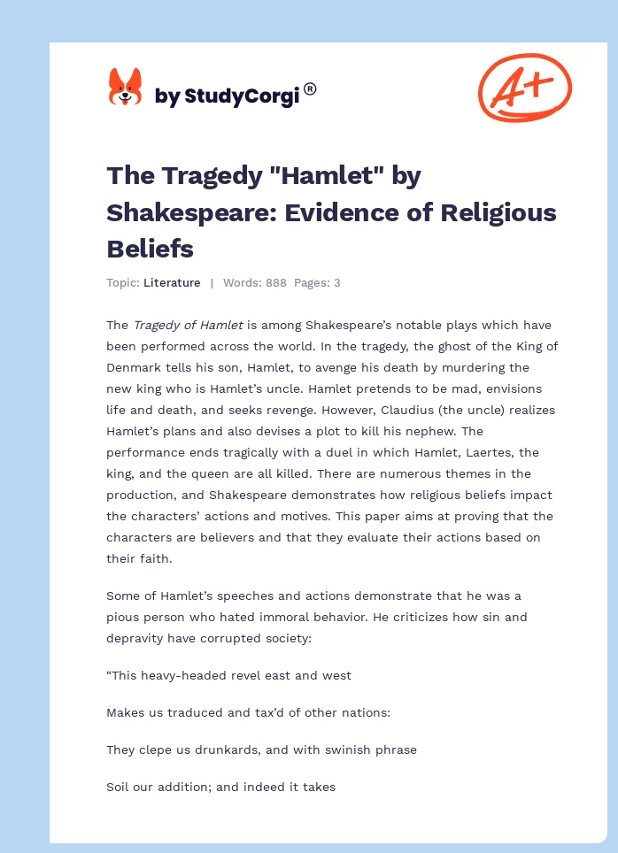 The Tragedy "Hamlet" by Shakespeare: Evidence of Religious Beliefs. Page 1