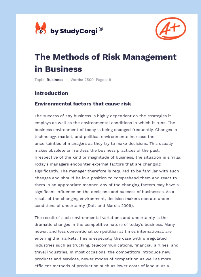 The Methods of Risk Management in Business. Page 1