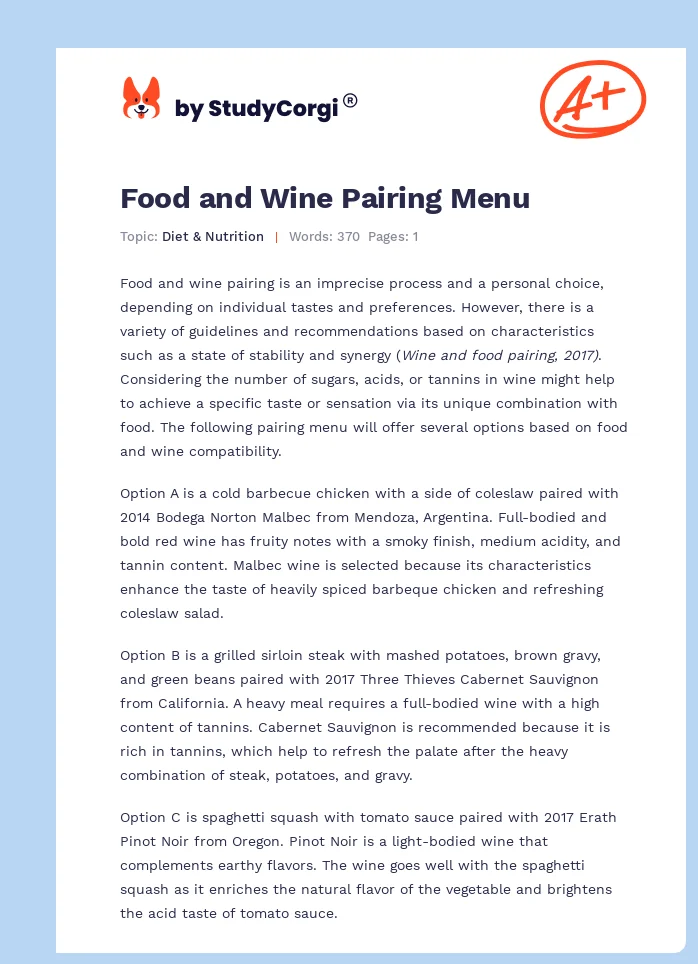 Food and Wine Pairing Menu. Page 1