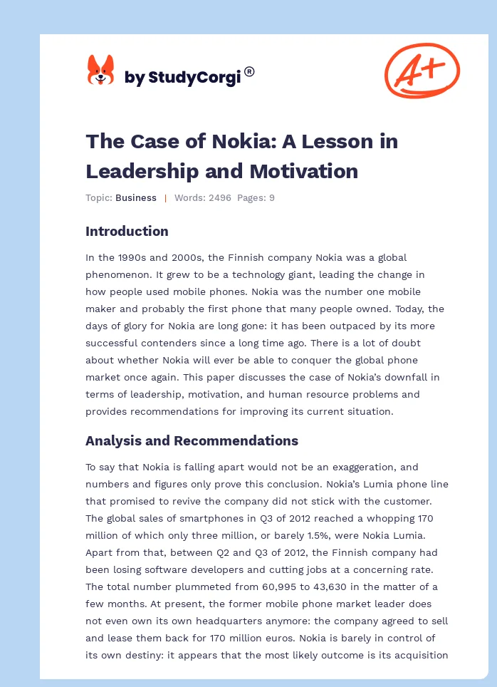 The Case of Nokia: A Lesson in Leadership and Motivation. Page 1