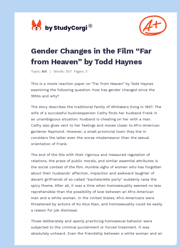 Gender Changes in the Film “Far from Heaven” by Todd Haynes. Page 1