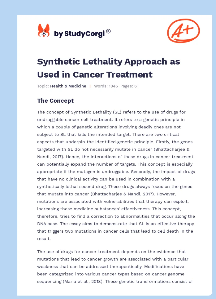 Synthetic Lethality Approach as Used in Cancer Treatment. Page 1