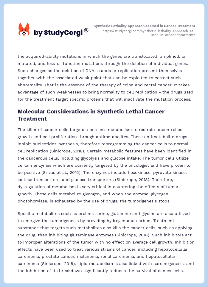 Synthetic Lethality Approach as Used in Cancer Treatment. Page 2