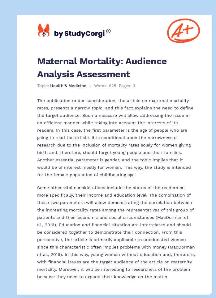 Maternal Mortality: Audience Analysis Assessment. Page 1