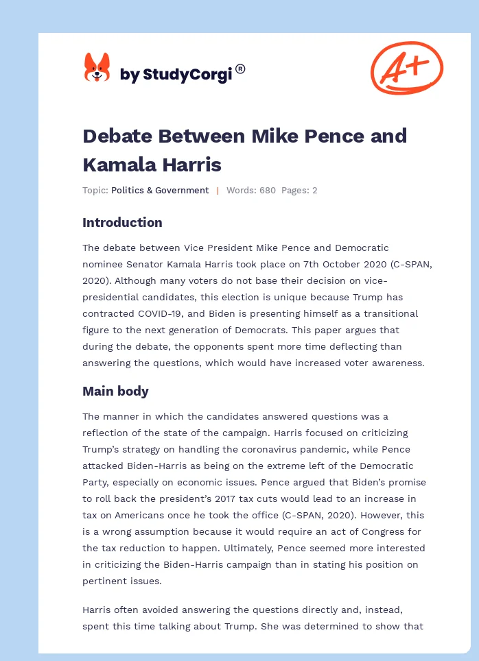 Debate Between Mike Pence and Kamala Harris. Page 1
